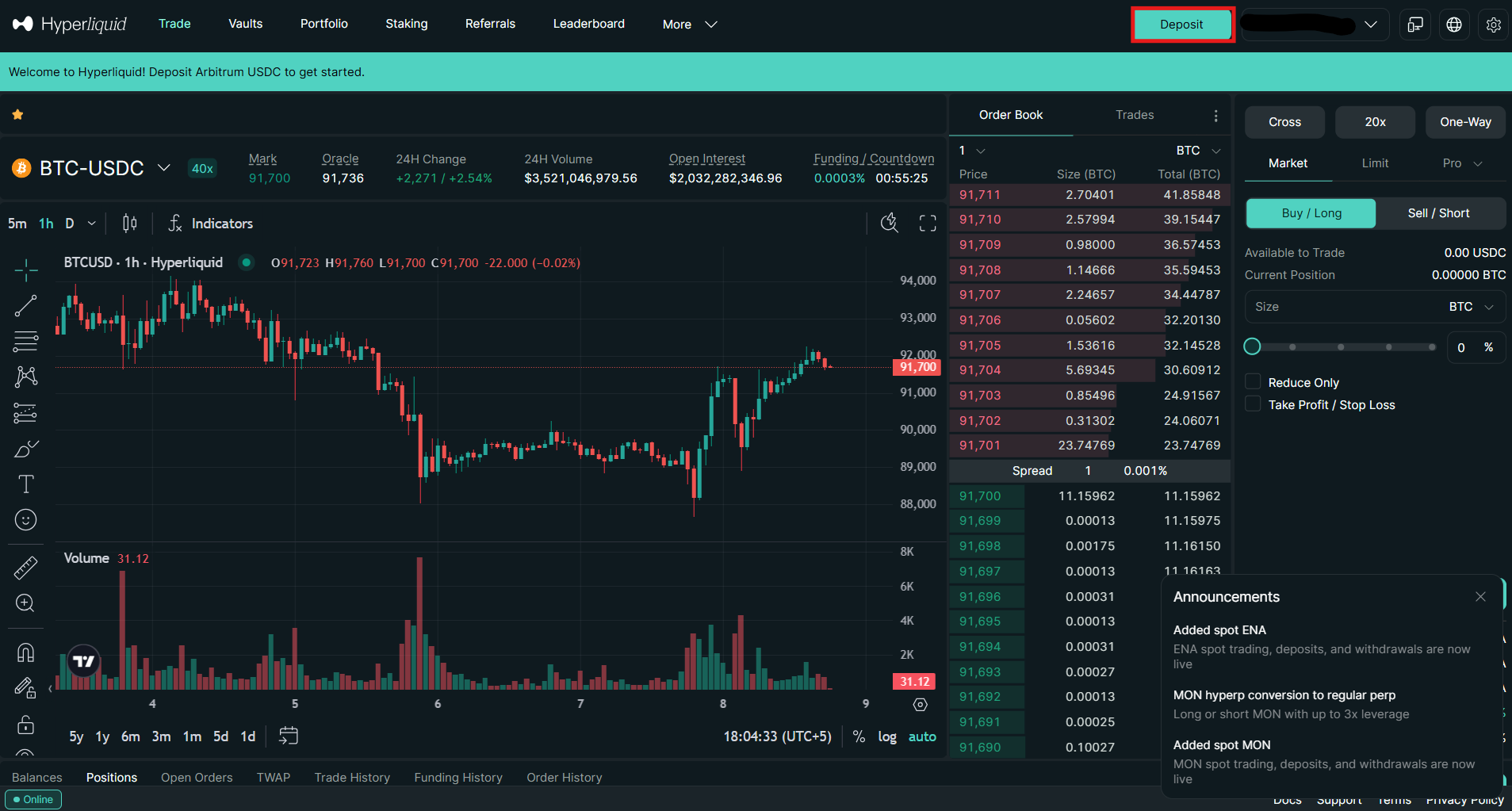 Hyperliquid deposit method