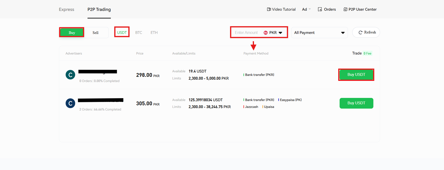 Phemex p2p trading page