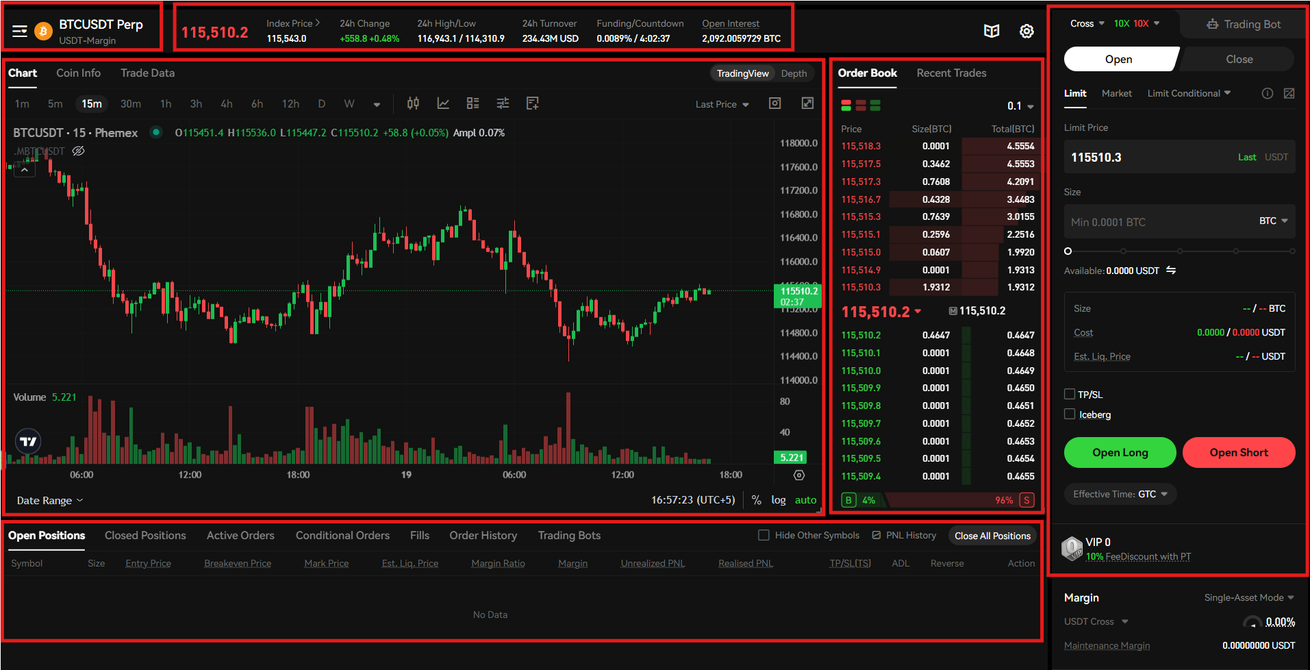 Phemex futures trading interface 