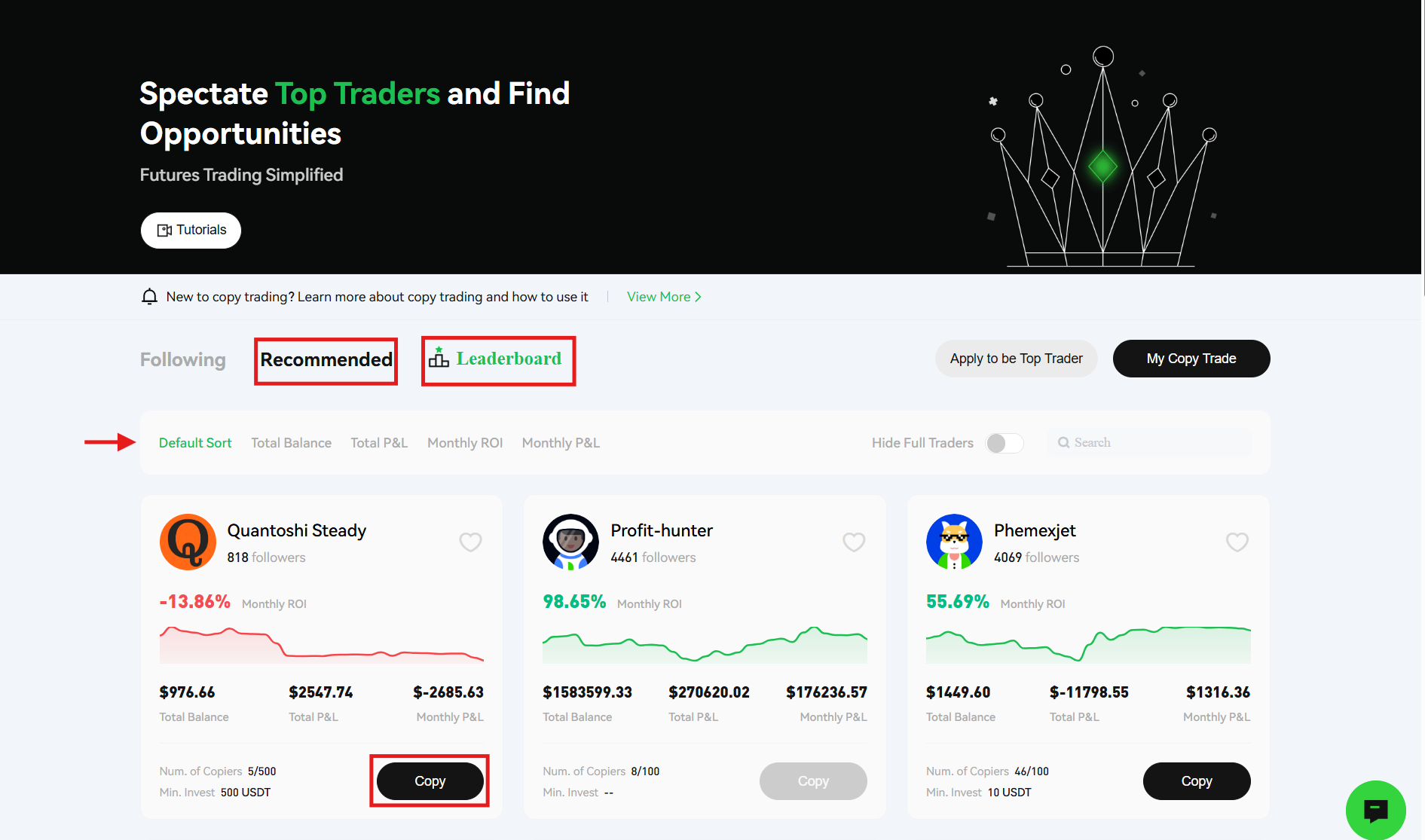 Phemex copy trading page
