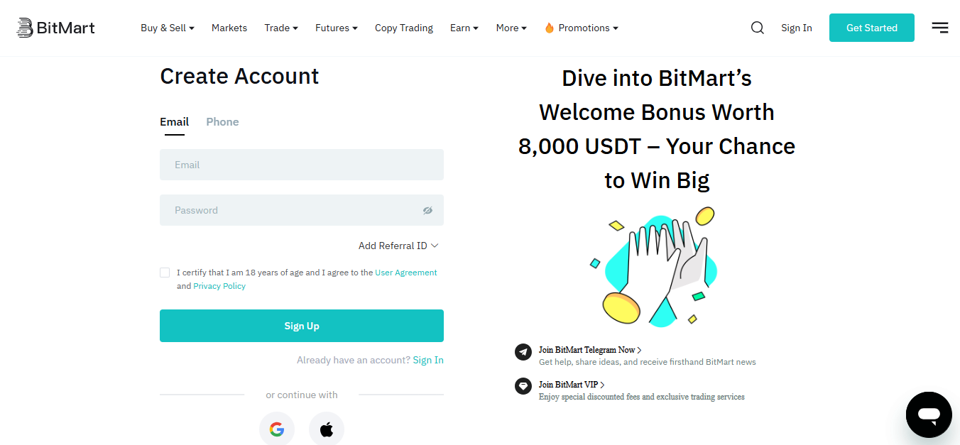 BitMart Exchange sign up page