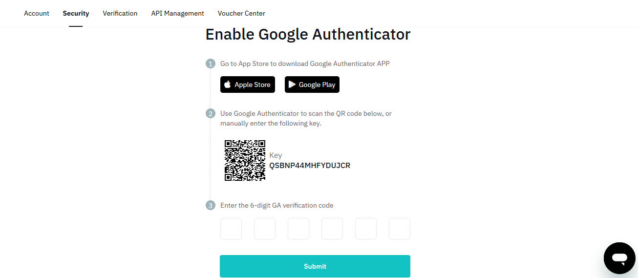 BitMart Exchange Google Authenticator page