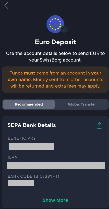 SEPA deposits on SwissBorg Exchange