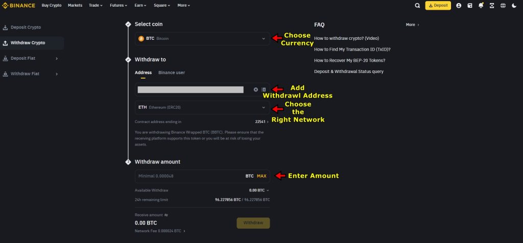 Binance crypto withdrawal page