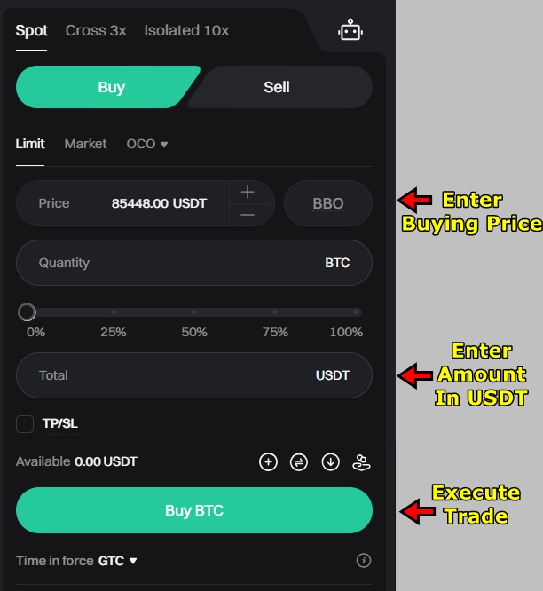 Placing limit order on Bitget Exchange