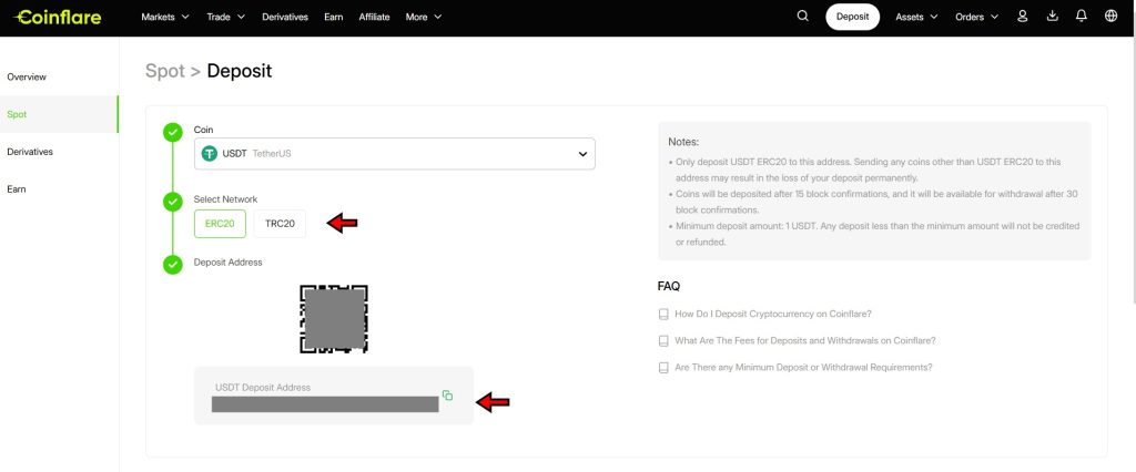 Coinflare Exchange deposit Review: Copy the wallet address or scan the code to deposit