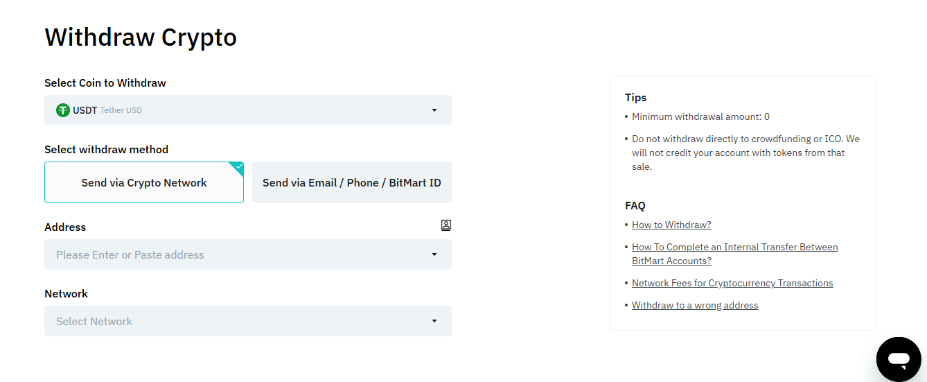 BitMart Exchange withdrawal page