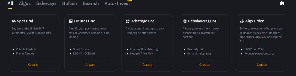 Trading bots offered by Binance Exchange