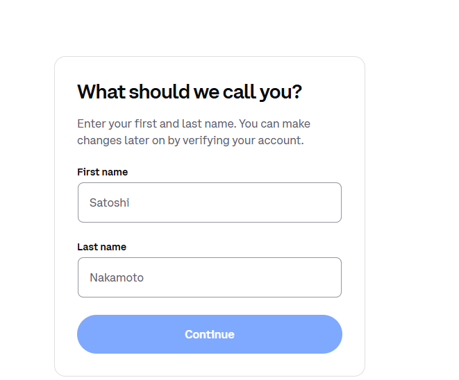 Coinbase name entry page