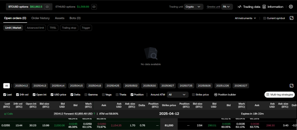 OKX options trading interface