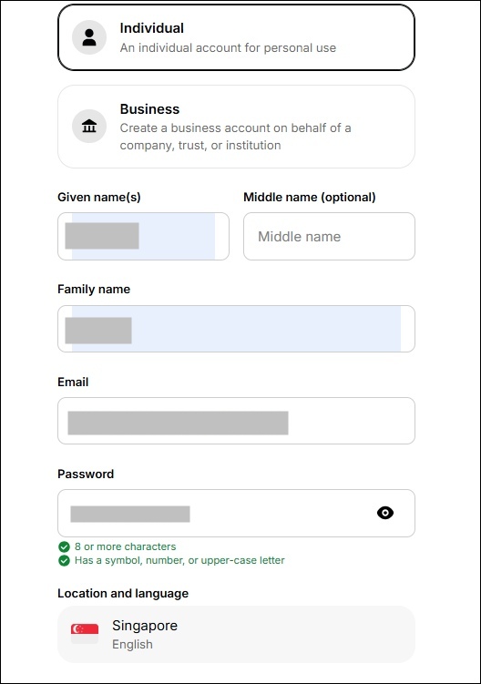 Gemini exchange Sign-up form