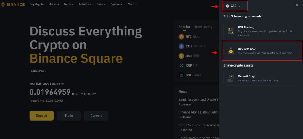 Binance exchange deposit panel
