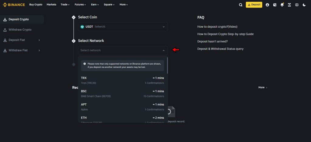Select a network for the transaction