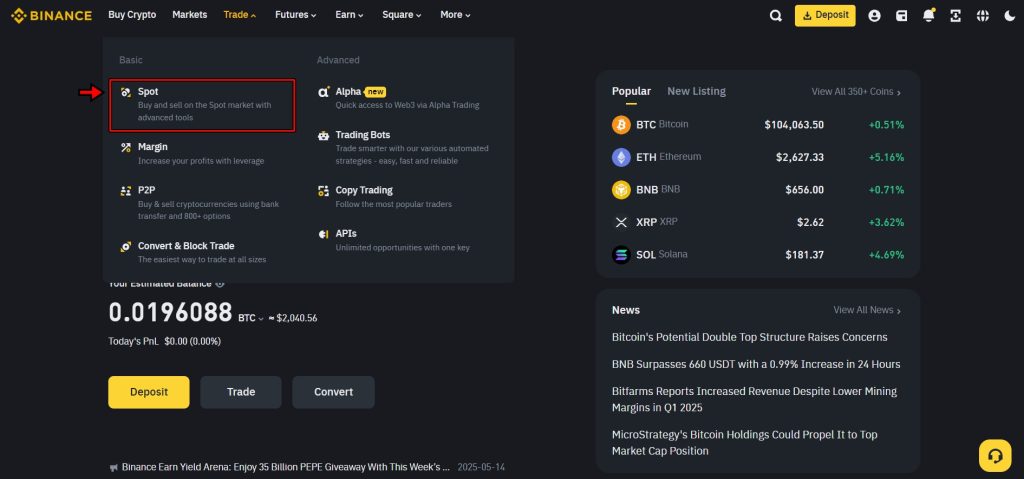 Binance exchange homepage