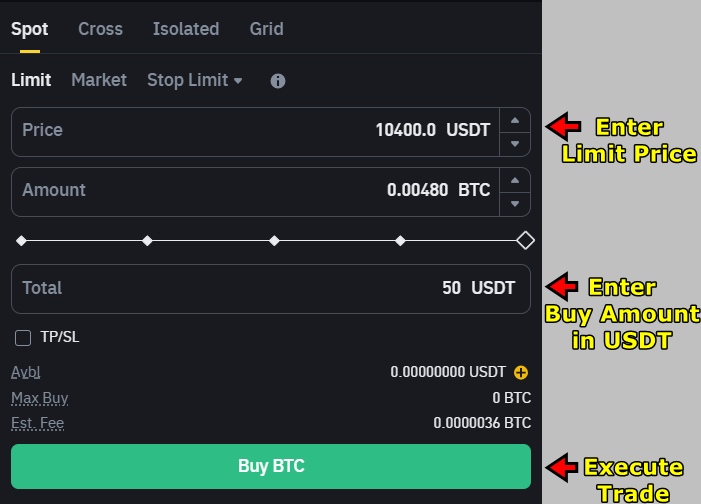 Binance spot market Order Panel