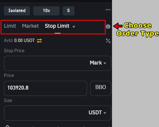 Choose order type in the order panel