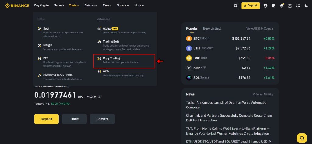 Binance exchange homepage