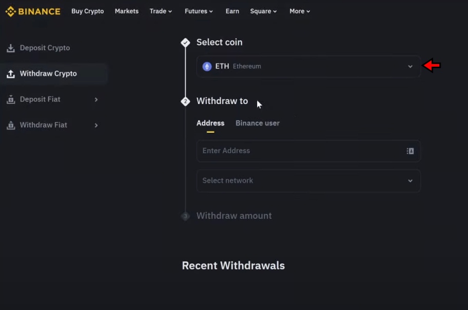 Choose cryptocurrency to withdraw