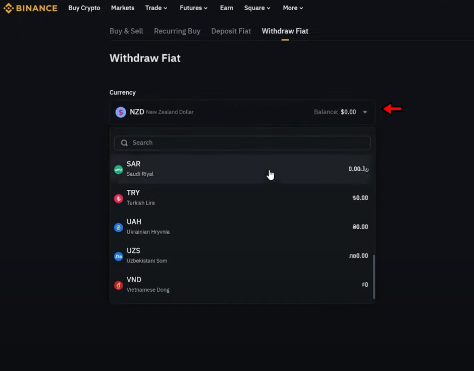 Choose currency to withdraw