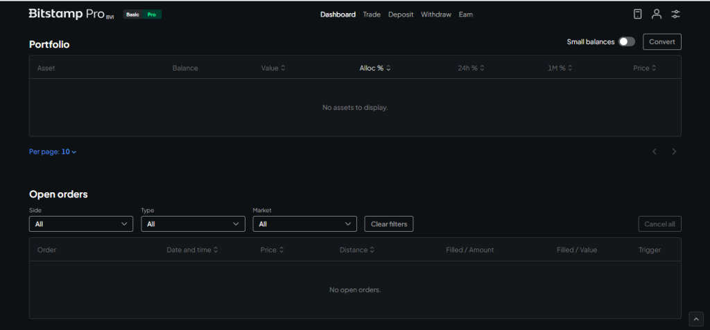 Bitstamp review: Pro dashboard