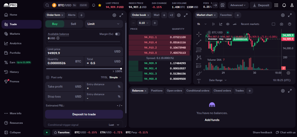 Kraken review: spot trading interface