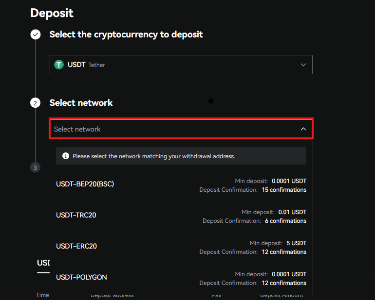 LBank deposit Tutorial: Select the Network