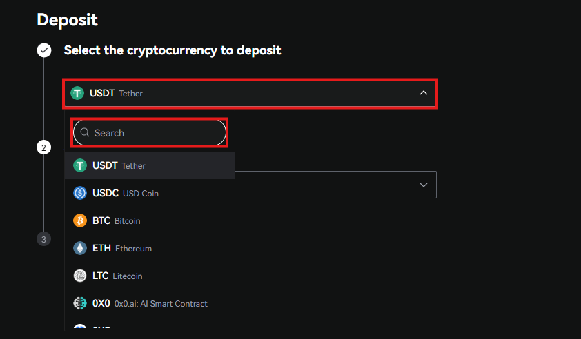 LBank deposit Tutorial: Select the Cryptocurrency
