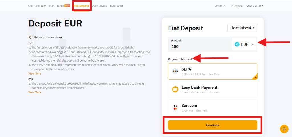 Bybit fiat deposit page