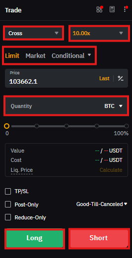 Bybit Futures trading order panel