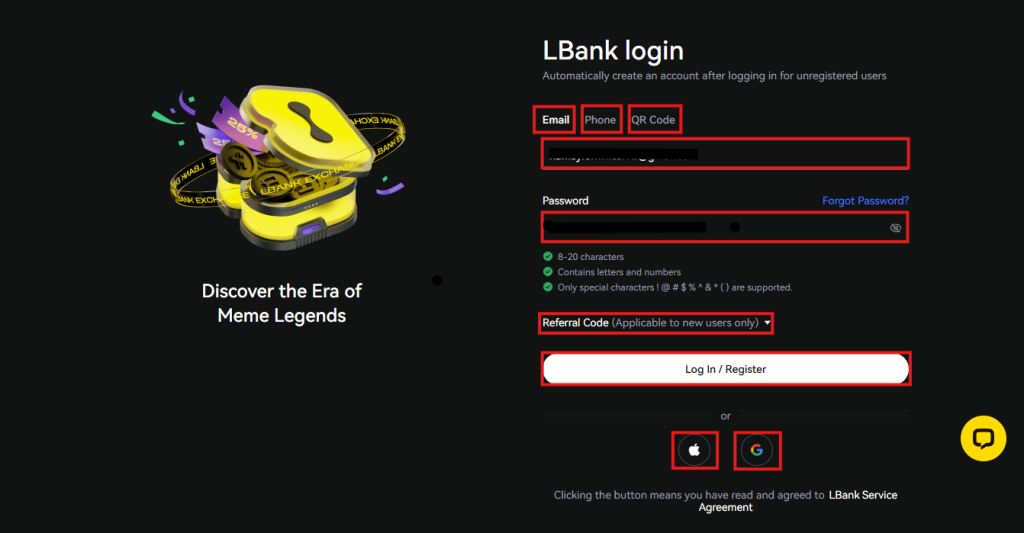 LBank Exchange Tutorial: log-in page