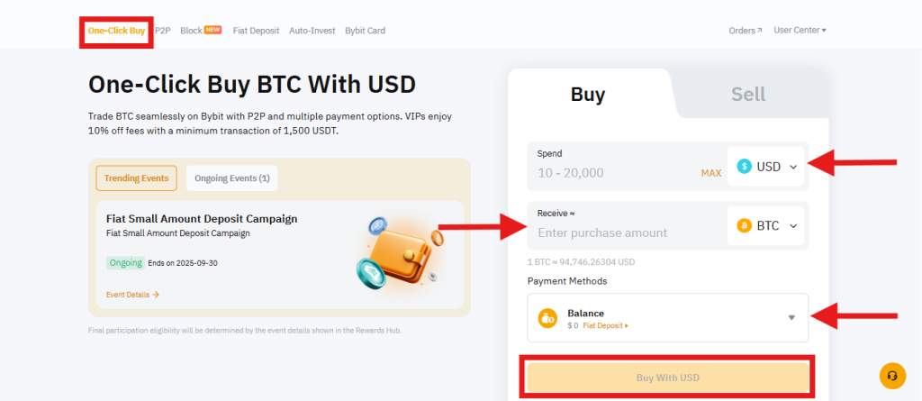 Bybit one-click buy page