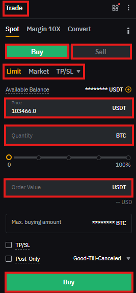 Bybit Spot trading order panel