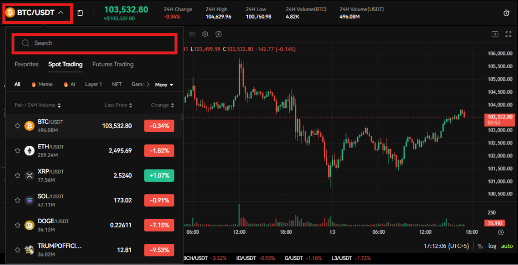 Bitunix Spot trading pair panel