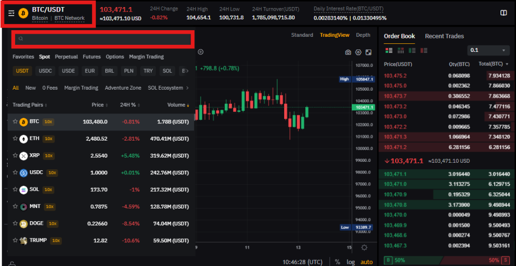 Bybit Spot trading pair section