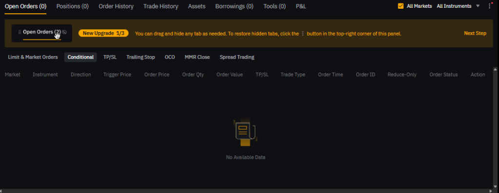 Bybit Spot trading positions tab