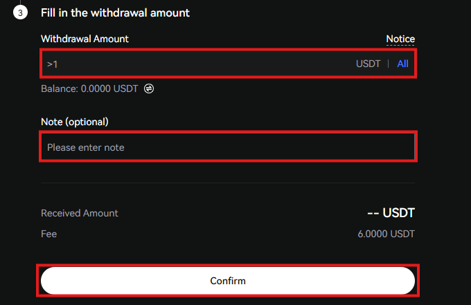 LBank Withdrawal Tutorial: Fill in the withdrawal Amount