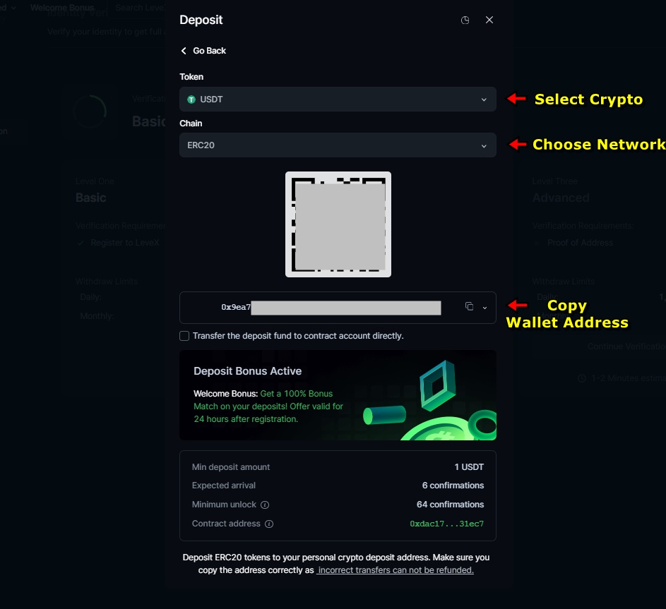 Crypto deposits on LeveX