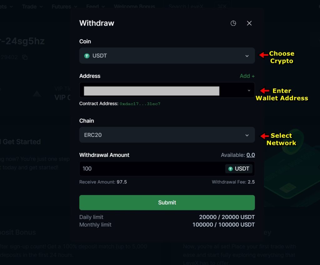 Crypto withdrawals on LeveX