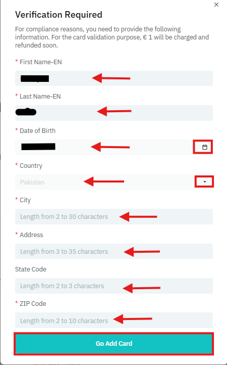 BitMart credit/debit card details