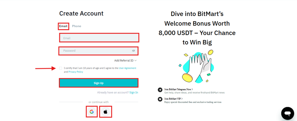 BitMart sign-up page