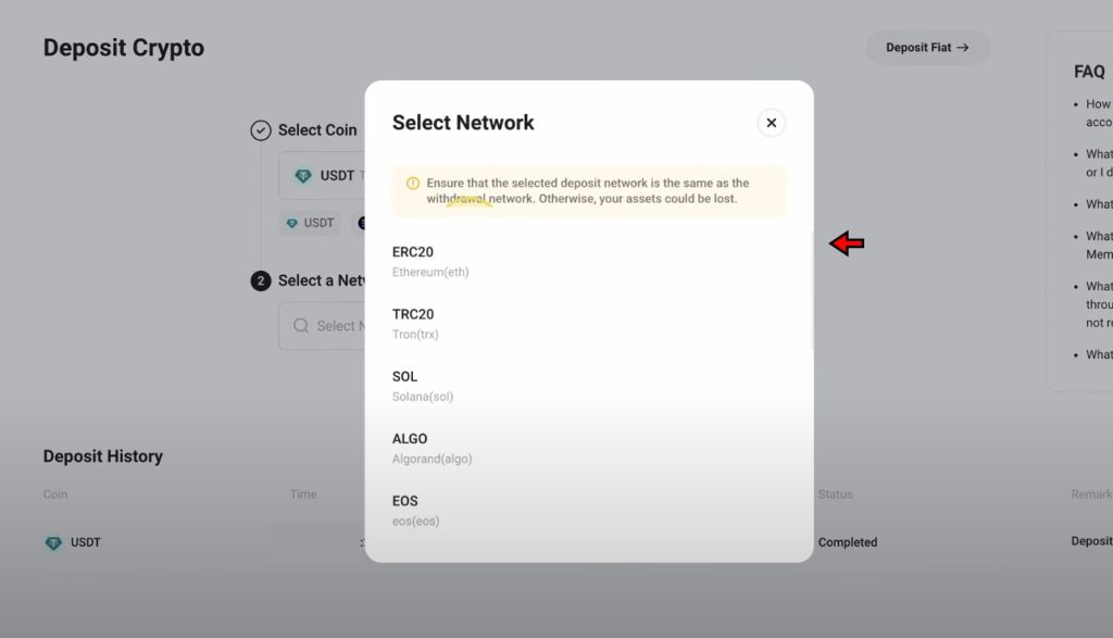 KuCoin Deposit Tutorial: Select appropriate network