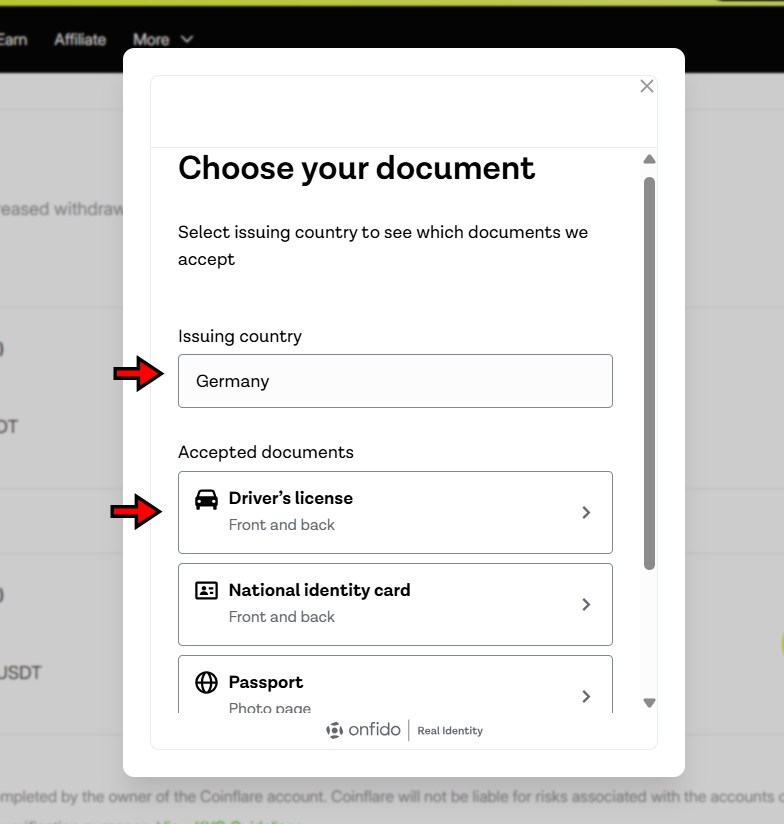 Coinflare KYC Tutorial: Choose country and document type