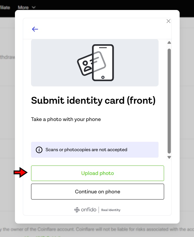 Coinflare KYC Tutorial: Upload documents