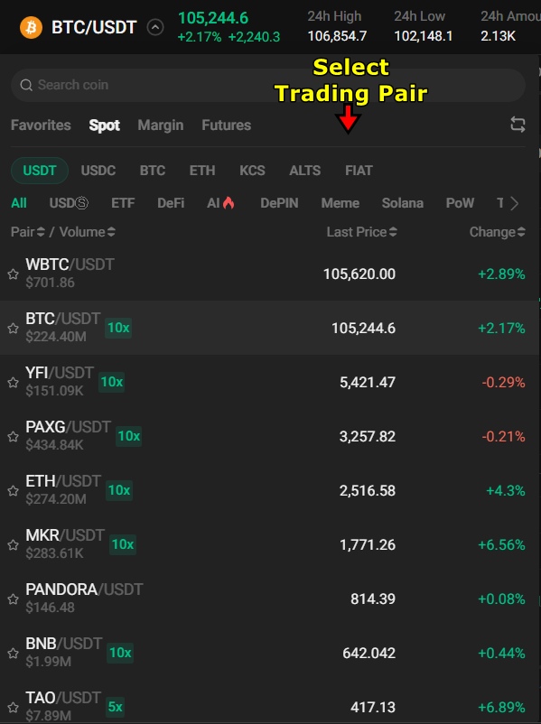 KuCoin Spot Trading Tutorial: Select trading pair