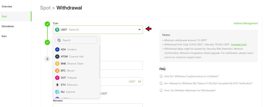 Coinflare Withdrawal Tutorial: Select cryptocurrency