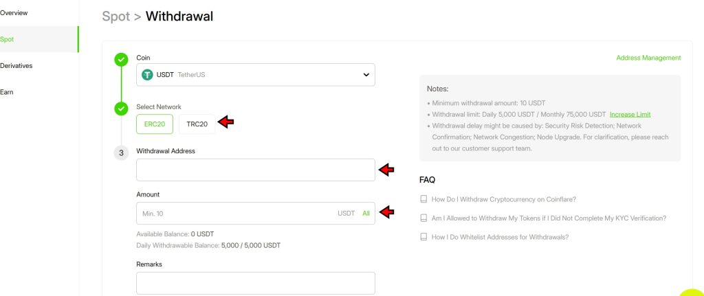 Coinflare Withdrawal Tutorial: Enter Information