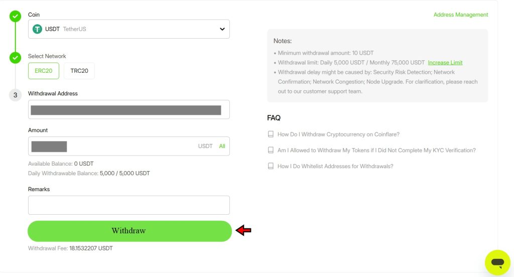 Coinflare Withdrawal Tutorial: Review and confirm information