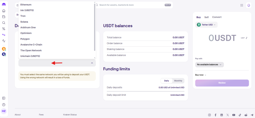 Kraken Exchange tutorial: deposit network