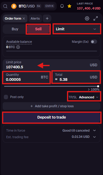 Kraken spot trading Tutorial: To sell BTC order form