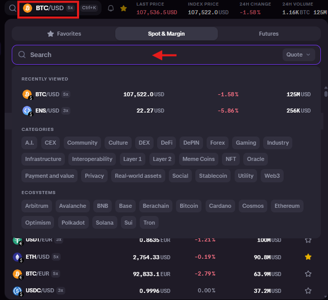 Kraken spot trading Tutorial: Selecting a trading pair